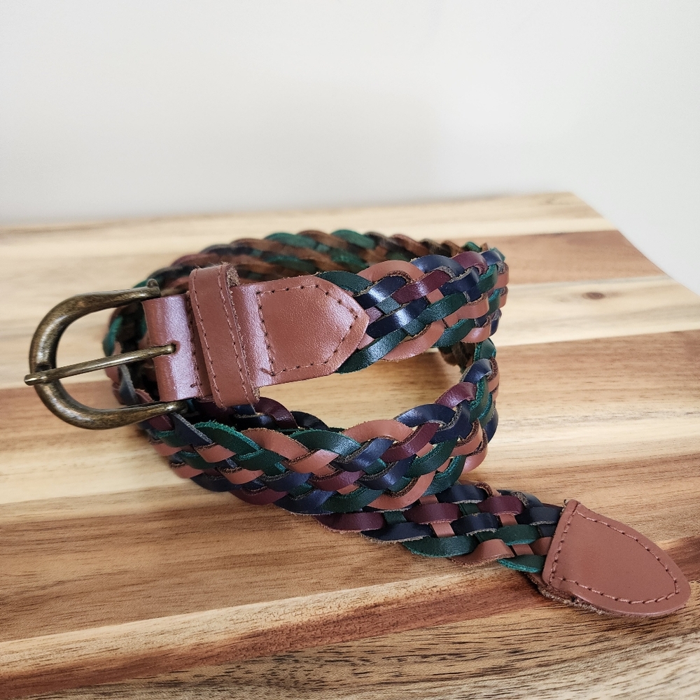 Genuine Leather Woven Belt Size Medium Fall Colors Brass Buckle
